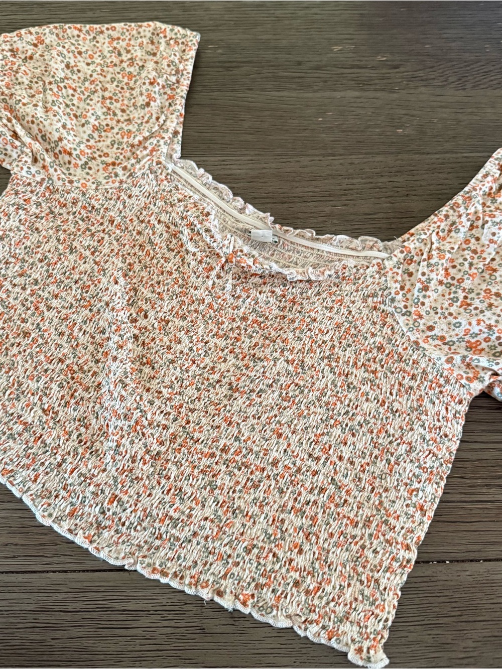 aerie Floral Smocked stretch Crop Top in White, Orange, Green